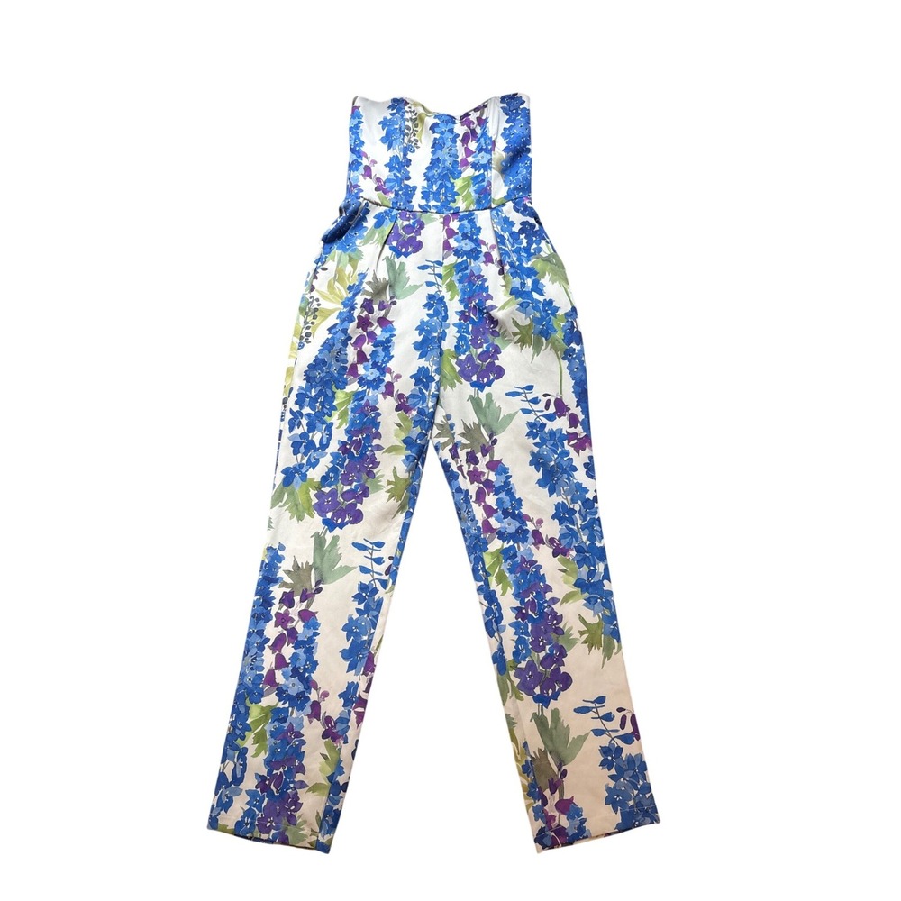 Molly Bracken‎ Jumpsuit Women Blue Floral Strapless Sweetheart High Rise SIZE S